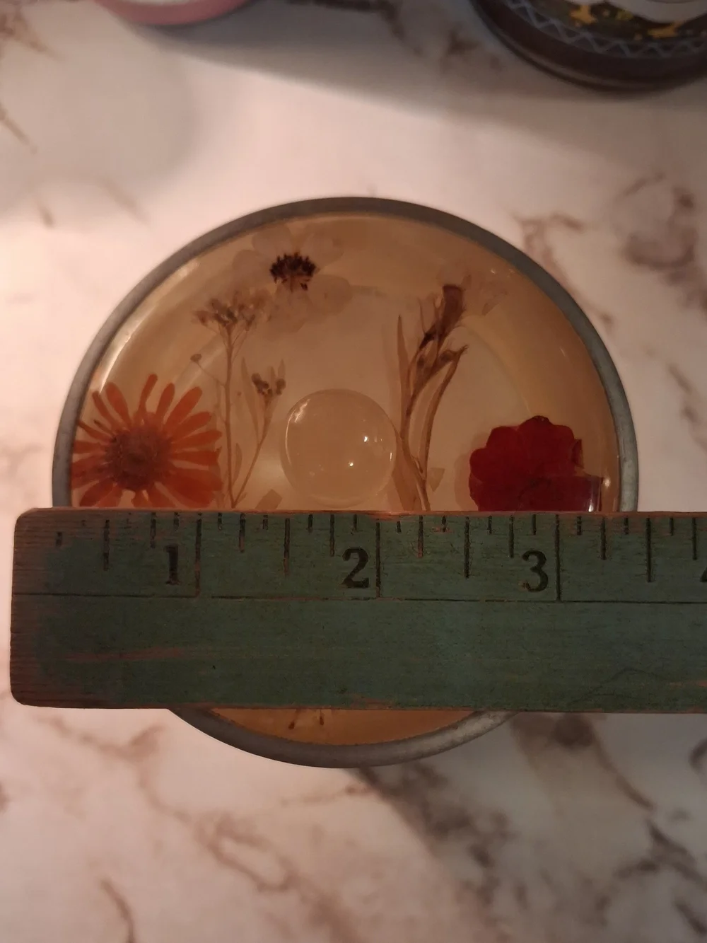 Vintage Pressed Flower Resin Vanity Jar- Cream & Silver - 1970s